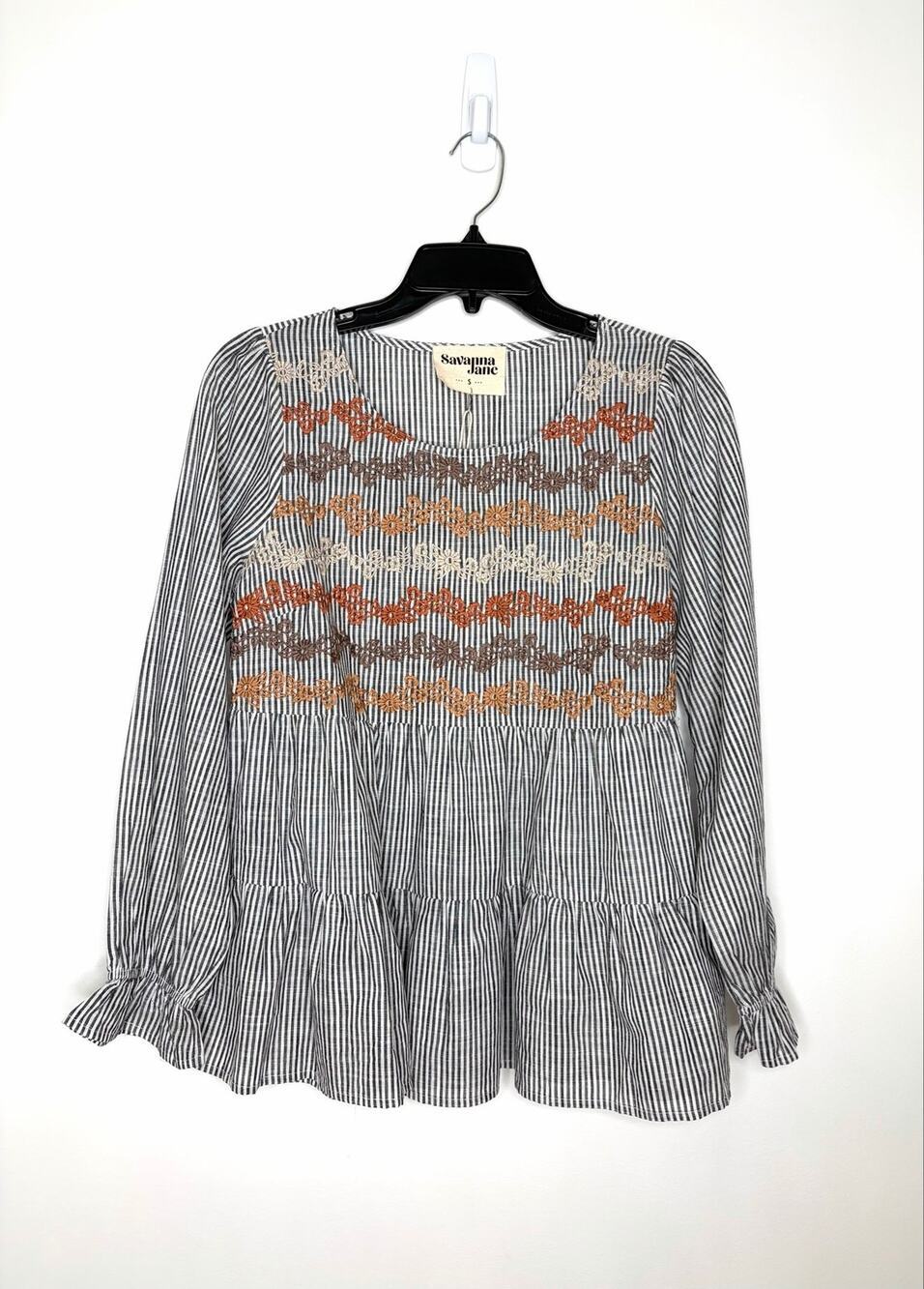 Savanna Jane Floral Embroidered Long Sleeve Top Sz S Striped Boho Peasant